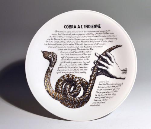 Piero Fornasetti Fleming Joffe Porcelain Recipe Plate, Cobra A L'Indienne, 1960s