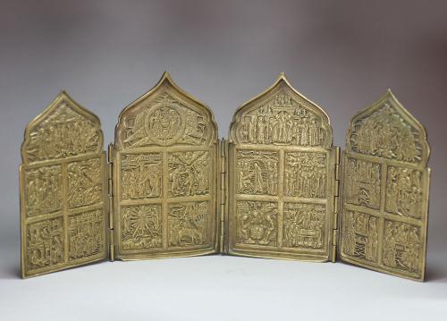 Russian tetraptych (four panel) metal travelling icon, 18th/19th century