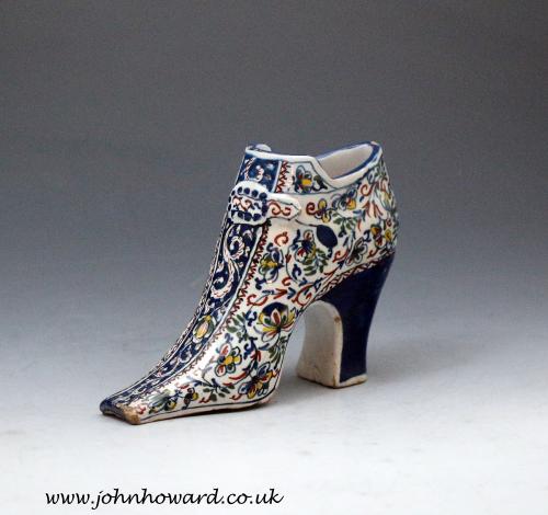 Antique polychrome decorated delftware pottery shoe London England circa 1700