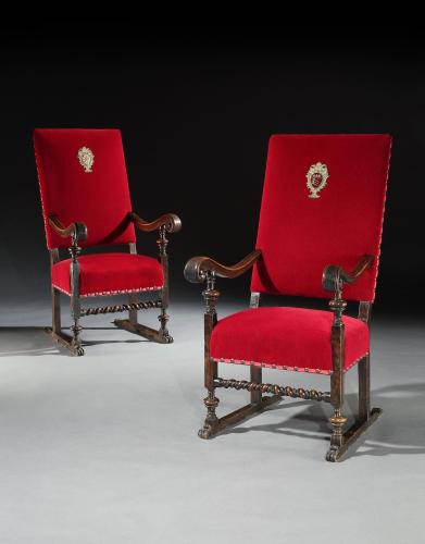 Armchair Throne Pair Italian Walnut Red Mohair Velvet Armorial Renaissance
