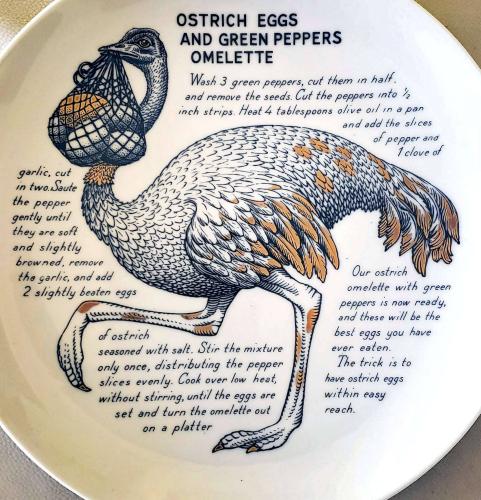 Piero Fornasetti Recipe Plate, Ostrich Eggs and Green Peppers Omelette, Made for Fleming Joffe, 1960s