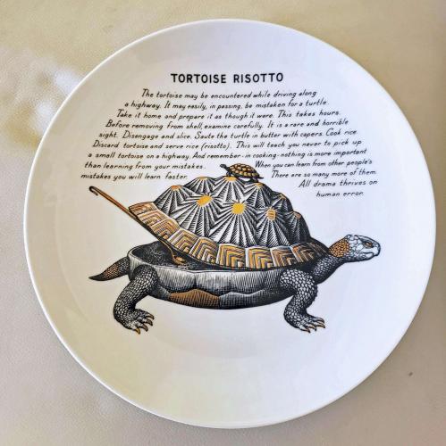Vintage Piero Fornasetti Porcelain Recipe Plate, Tortoise Risotto, Made for Fleming Joffe, Silkscreen & Transfer, 1960s