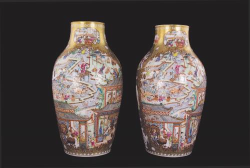 A Pair of Chinese Porcelain Silk Production Vases, Qing Dynasty, Qianlong Period