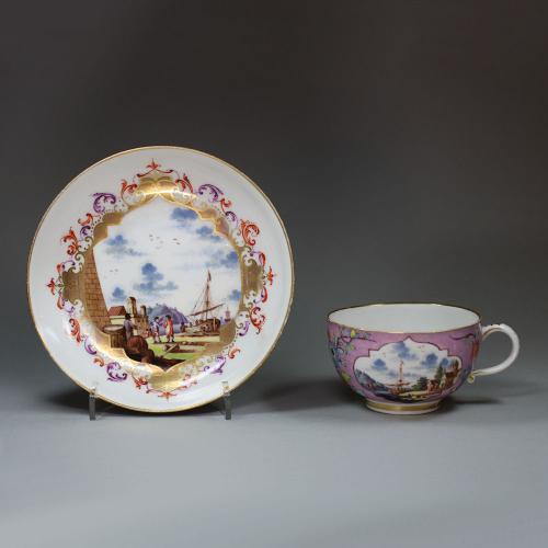 Meissen purple-ground teacup and saucer, c. 1735-40