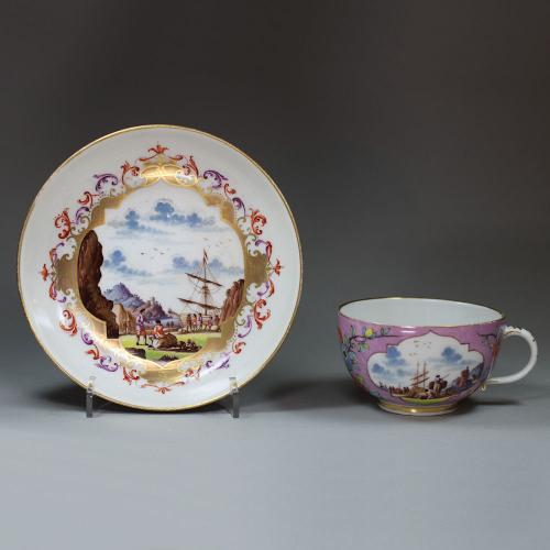 Meissen purple-ground teacup and saucer, c. 1735-40