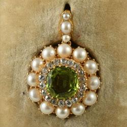 Victorian natural pearl diamond and large peridot pendant, circa 1880