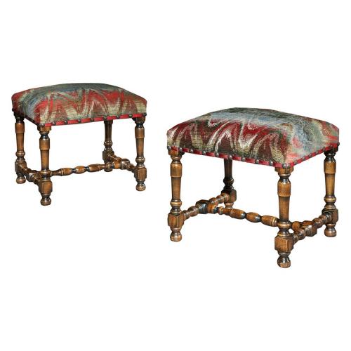 Stool Pair of Upholstered Walnut Bargello Flame Stitch Baroque-Style Antiquarian