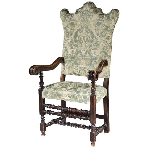 Armchair, Chair, Upholstered, Italian, Bologna, Walnut, Damask, Green, Ivory