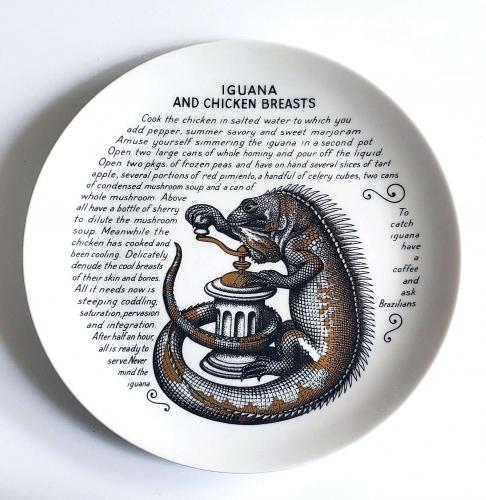Piero Fornasetti Fleming Joffe Porcelain Recipe Plate, Iguana and Chicken Breasts, 1960s-1974