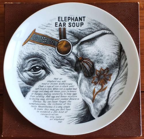 Piero Fornasetti Fleming Joffe Porcelain Recipe Plate, With Original "Hide" Box and "Thank you" insert, Elephant Ear Soup, 1960s-1974