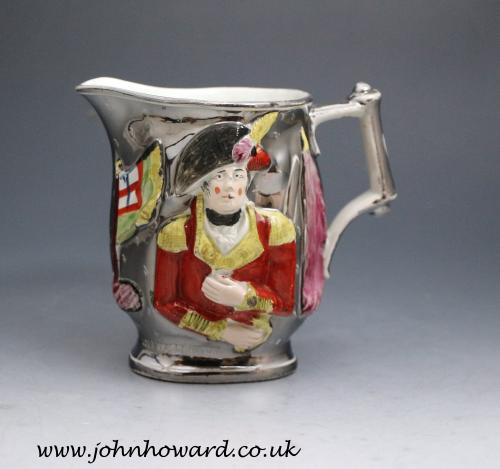 Lord Wellington and General Hill silver luster enamel decorated Waterloo commemorative pitcher