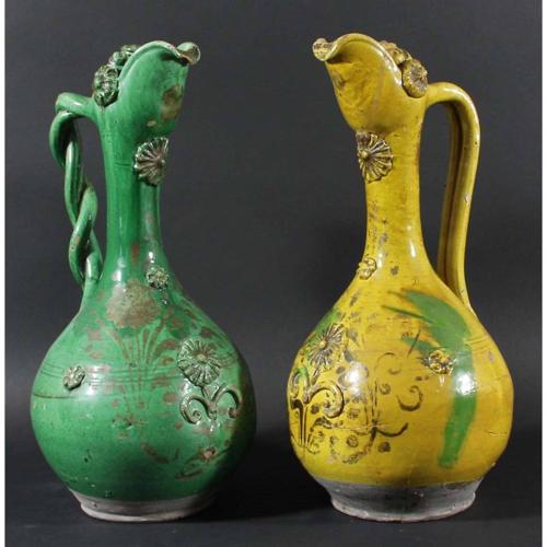 Ewers Jugs Vases Terracotta Glazed Pair Canakkale Ottoman Green Ochre Gilded