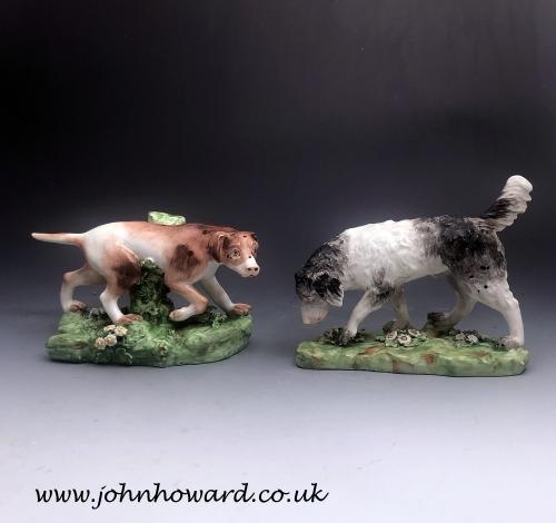 Pair of Derby porcelain figures of a pointer and setter rural sporting dogs circa 1800