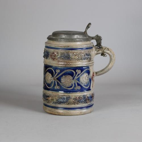 German salt-glaze tankard with pewter lid, 18th century