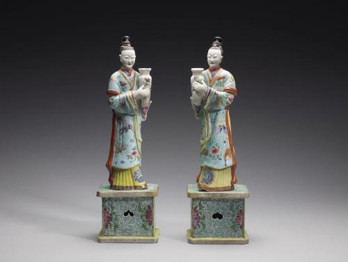 A Pair of Chinese 'Famille-Rose' Porcelain Female Figures, Qing Dynasty, Qianlong Period