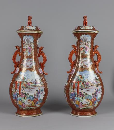 A Fine Pair of Chinese Porcelain Music Party Vases and Covers, Qing Dynasty, Qianlong Period