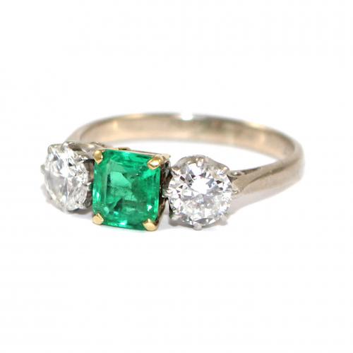 Mid Century Emerald & Diamond 3 Stone Ring c.1950