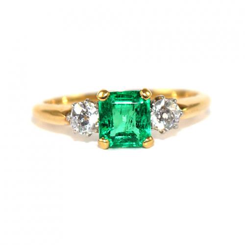 Edwardian Square-Cut Emerald & Diamond 3 Stone Ring c.1915