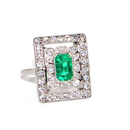 Art Deco Emerald & Diamond Floral Tablet Ring c.1930