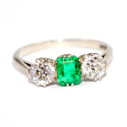 Art Deco Emerald & Diamond 3 Stone Ring c.1930