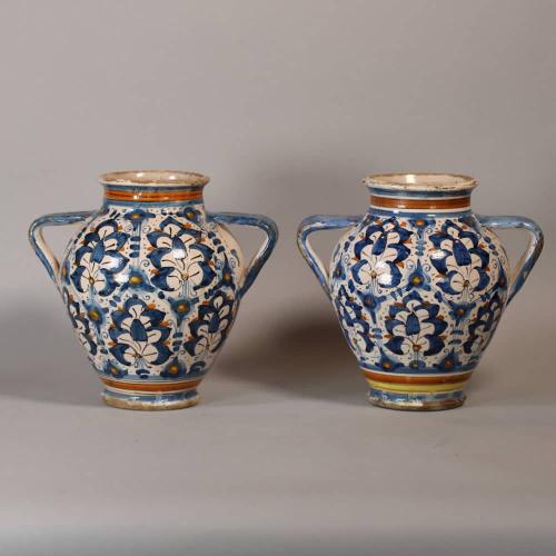 Pair of Italian Montelupo two-handled vases, late 16th century