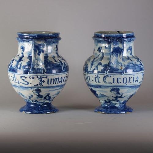 Pair of Italian tin-glazed earthenware Savona wet drug jars, c.1730