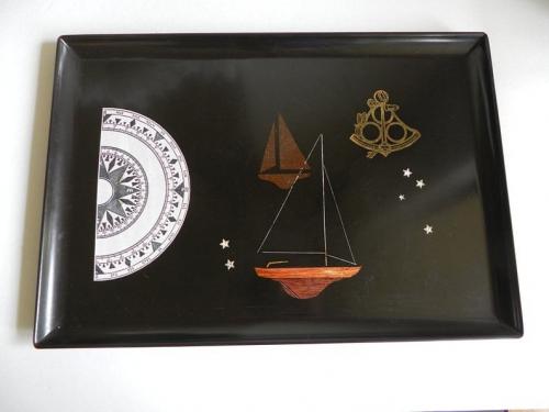 Couroc Resin Tray with Sailing Ships and Compass, 1970s