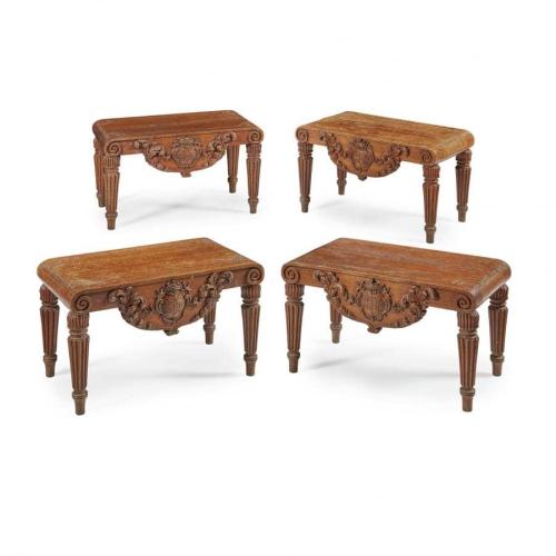 Set of Four Oak Armorial Hall Stools - Ex Taymouth Castle, Perth and Kinross