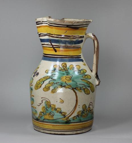 Spanish tin-glazed earthenware jug, Puento del Arzobispo, late 17th century