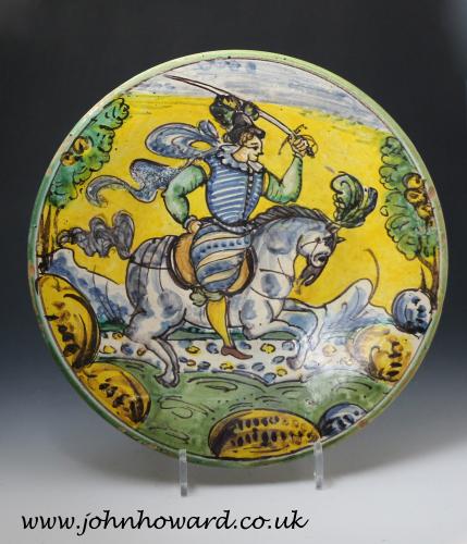 Montelupo maiolica pottery equestrain charger 17th century Italy