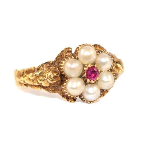 Georgian Ruby & Pearl Flower Ring c.1810