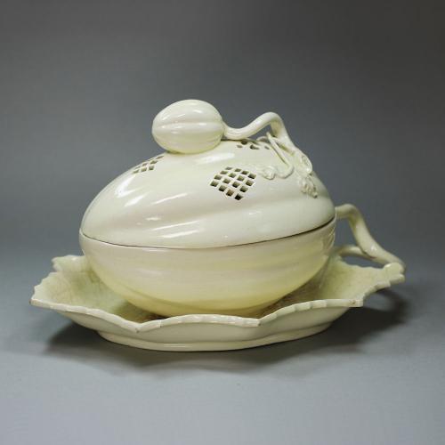 English creamware melon tureen, cover and under plate, 18th century