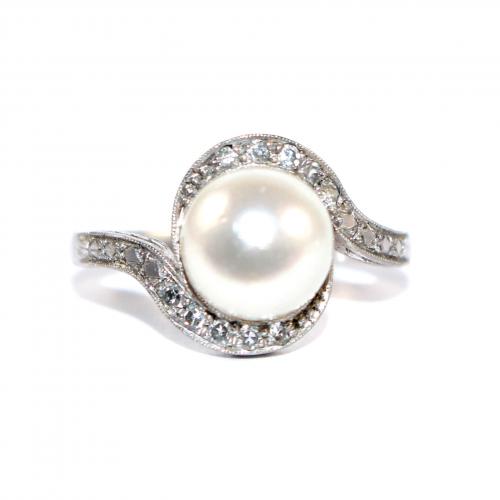 Art Deco Pearl & Diamond Swirl Ring c.1935