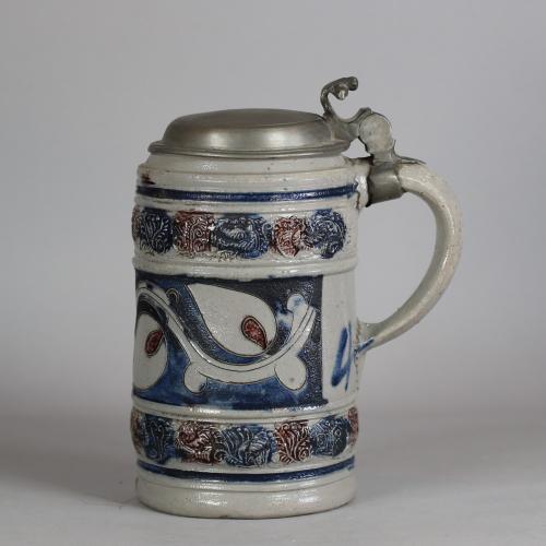 German moulded tankard with pewter lid, 18th century
