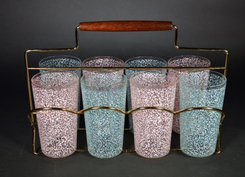 Set of Mid Century Modern Vintage Glasses- Confetti Pattern- with Brass and Wood Caddy, 1960s