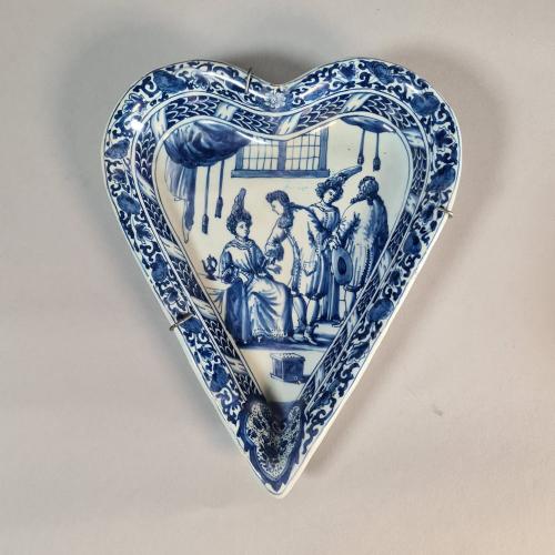 Rare Dutch Delft blue and white begging bowl in the form of a heart, 1st quarter of 18th century