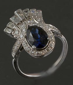 Platinum set diamond and natural Burmese sapphire ring