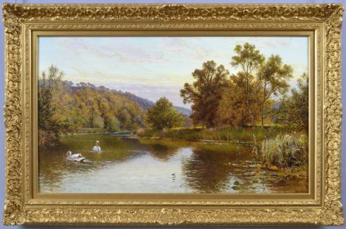 Landscape oil painting of swans on a river by Alfred Augustus Glendening Snr