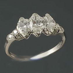 Platinum set three stone marquise diamond ring, circa 1930