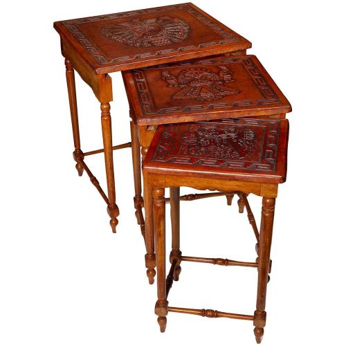 Nest 3 Sidetable Low Tables Leather Brown Mexican Vintage Aztec Embossed Spanish