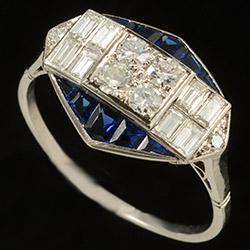 Art Deco baguette sapphire and diamond ring, circa 1920