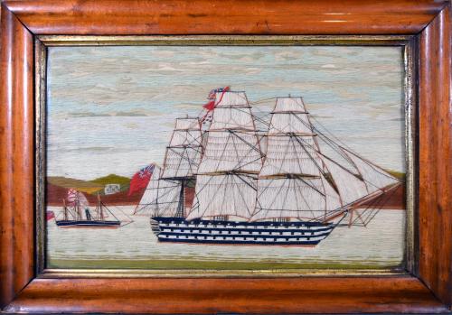 Sailor's Woolwork Picture of Two Royal Navy Ships including a First Rate, Circa 1875