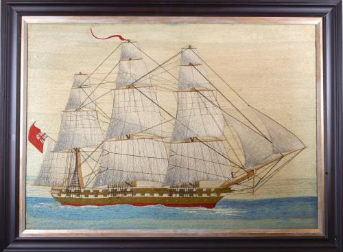 British Sailor's Large Woolwork of a Royal Navy Ship Under Full Sail, Circa 1875