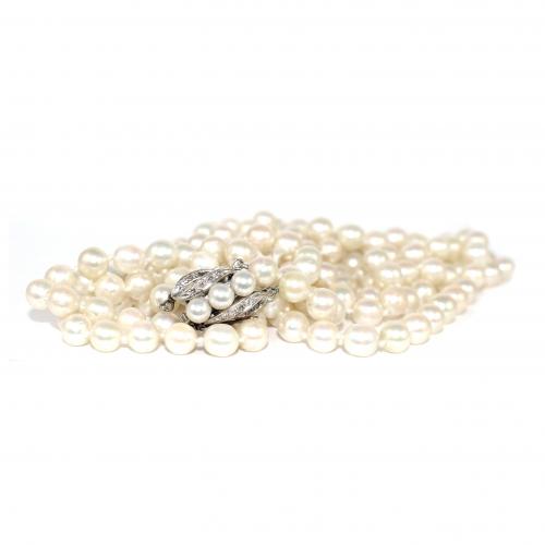 Long Double Row Cultured Pearls, Diamond & Pearl Clasp c.1950