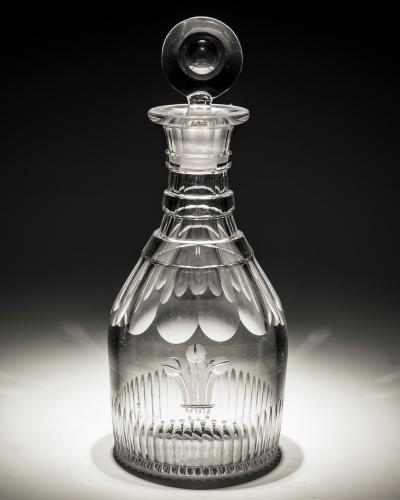 A Slice and Flute Cut Glass Georgian Spirit Decanter Engraved with the Prince of Wales Feathers
