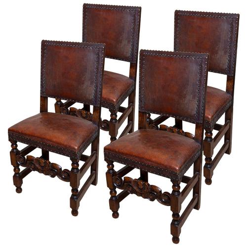 Chair Set of 4 Leather Oak English Jacobean Baroque Revival Antiquarian