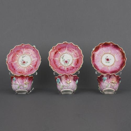 A set of three Chinese porcelain famille rose tea bowls and saucers, Qianlong, circa 1750