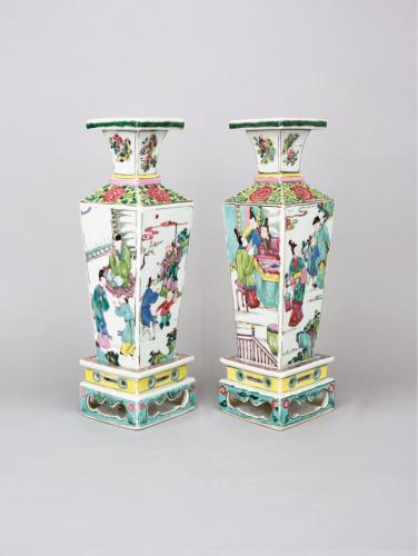 Pair of Chinese porcelain famille rose, fencai, square tapered vases, Yongzheng, 1723-1735