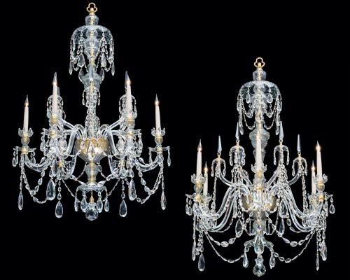 A Fine Pair of Six Light Ormolu Mounted Cut Glass Antique Chandeliers in Adam Style