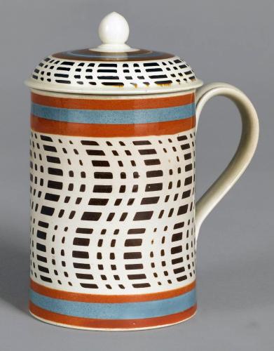 Mocha Pottery Large Engine-Turned Covered Mug, Circa 1825